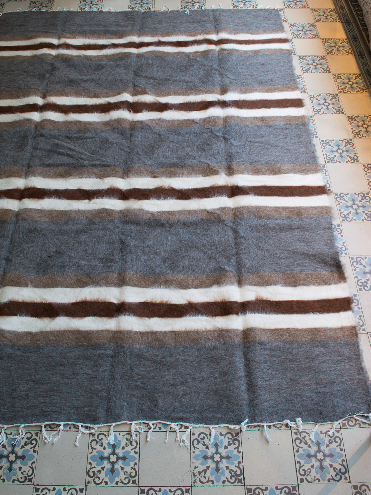 mohair blanket grey, with brown, beige striped